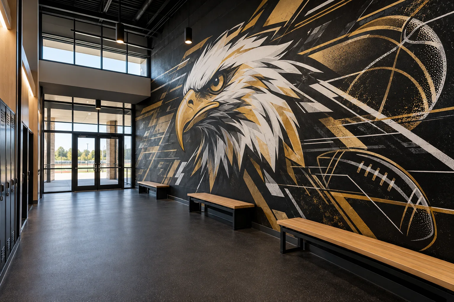 Concept of a sports facility corridor with a bold black and gold eagle mascot mural