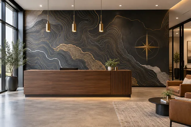 Concept of an office reception with a black and gold geometric printed feature wall