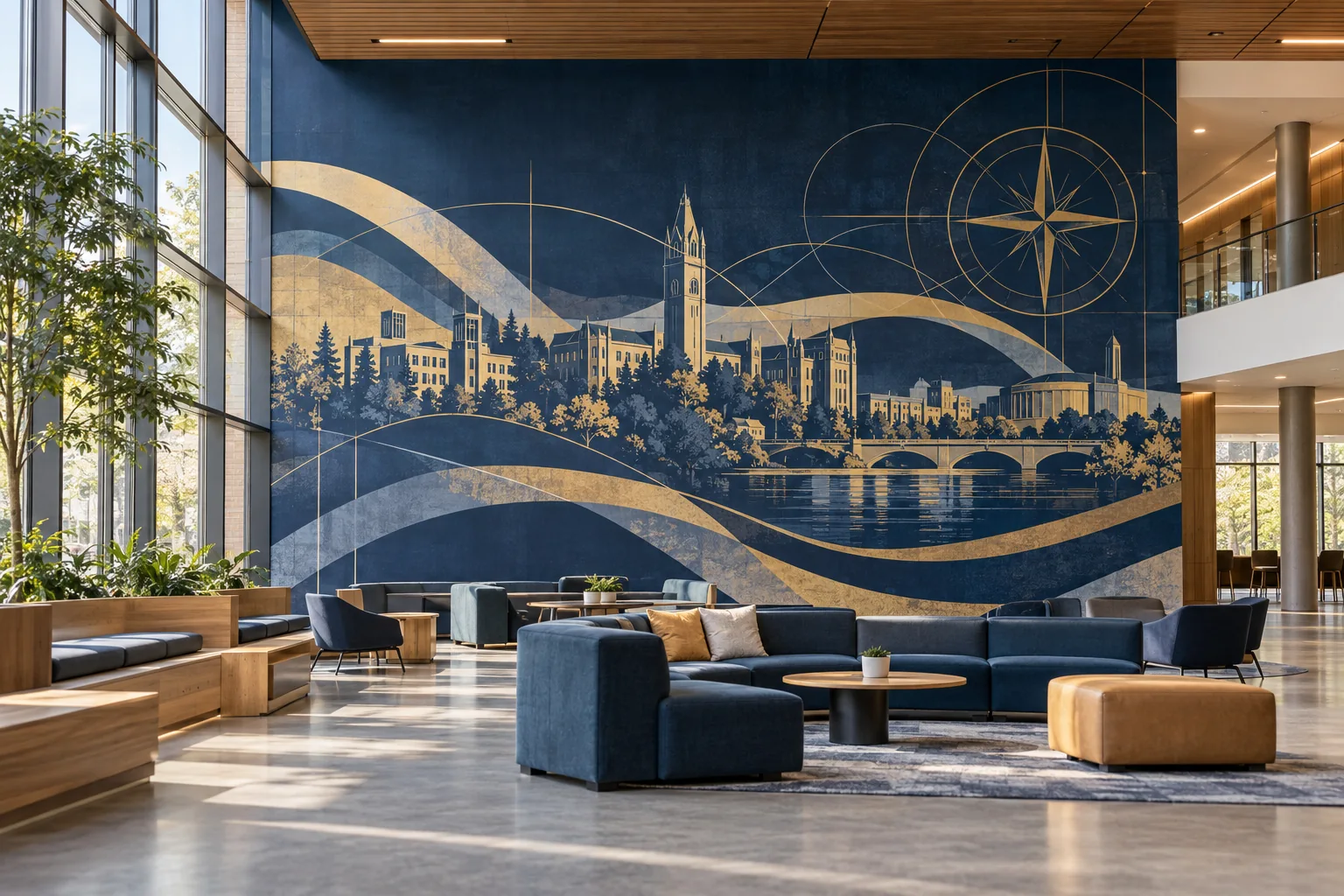 Concept of a university lounge with navy and gold campus-inspired wall artwork