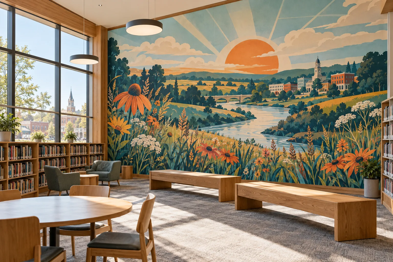 Concept of a public library with a colorful prairie, river, and town mural