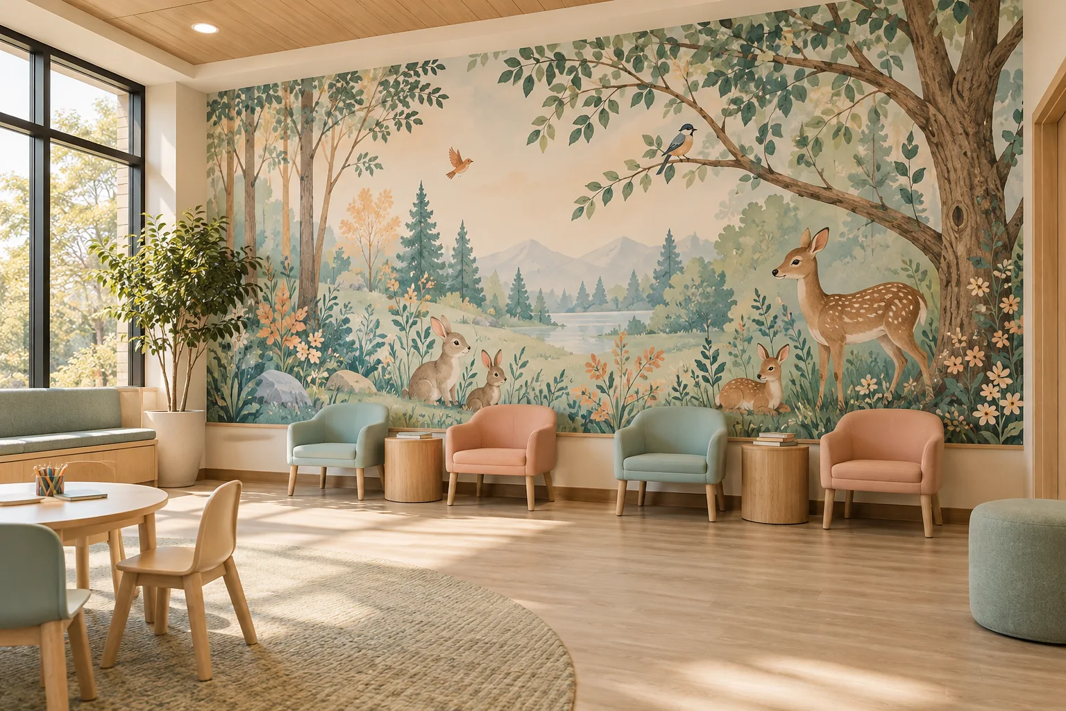 Concept of a pediatric waiting room with a soft woodland animal mural