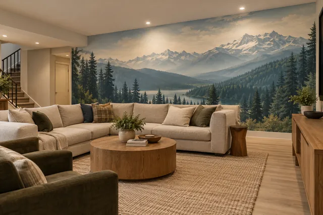 Concept of a cozy home lounge with a mountain and pine forest wall mural