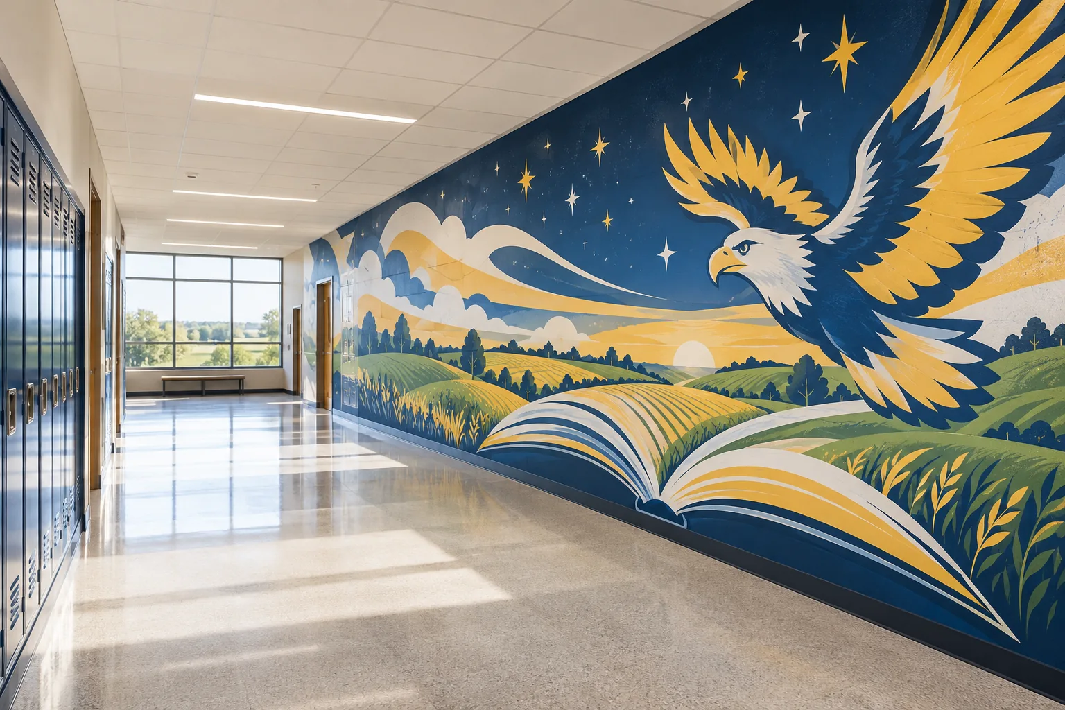 Concept of a school hallway with a colorful book, prairie, and eagle mural
