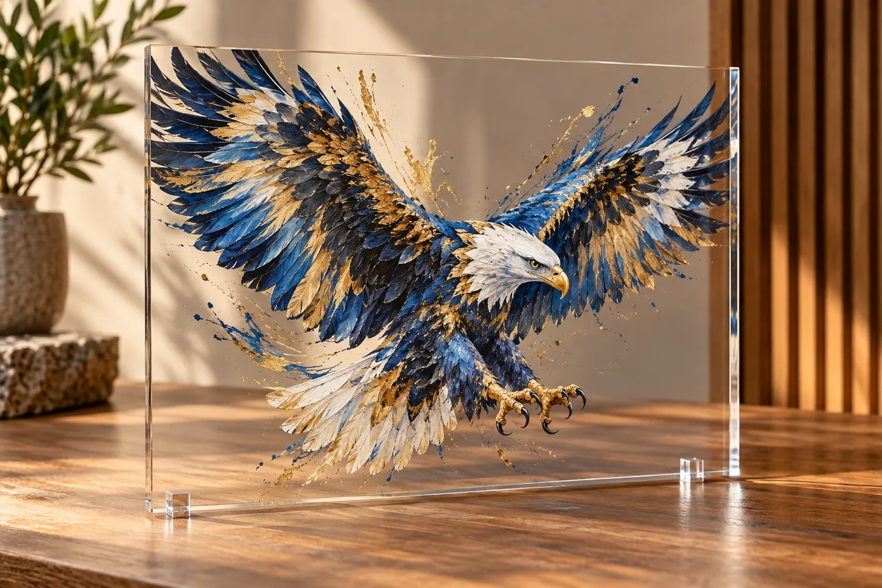 Concept of an original eagle illustration printed on a clear upright acrylic panel