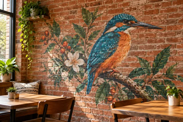 Concept of a colorful kingfisher mural printed across visible red bricks and mortar