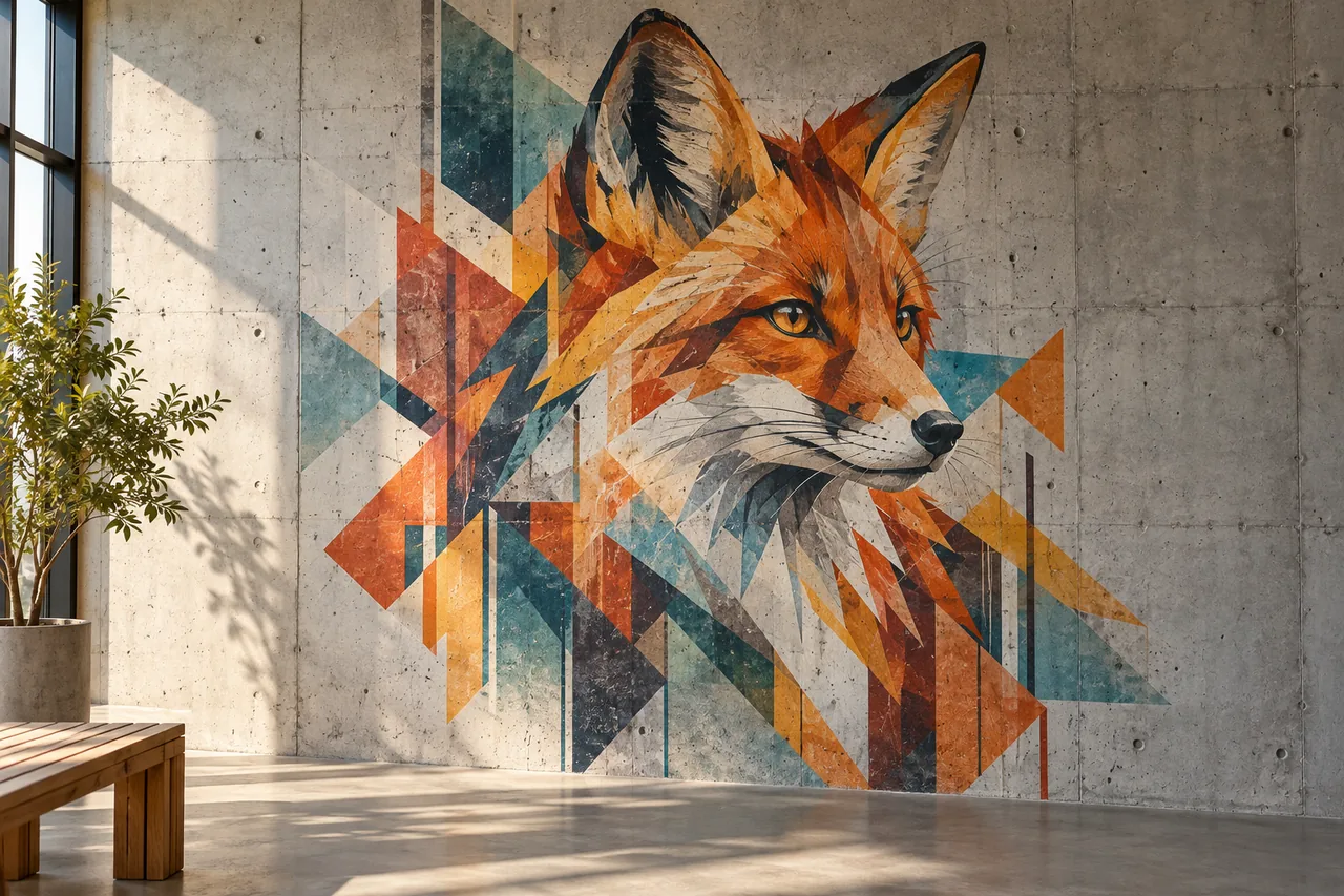 Concept of a geometric fox mural printed on a gray poured concrete wall