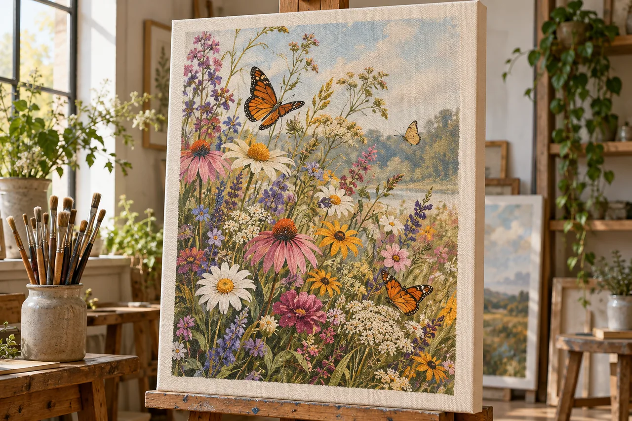 Concept of wildflower artwork printed on taut stretched canvas with visible woven texture