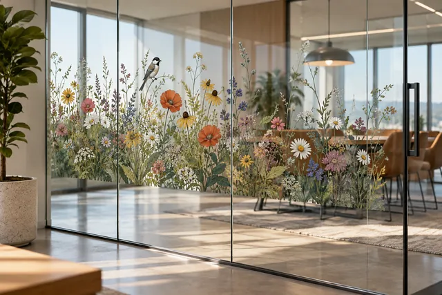 Concept of meadow and bird artwork printed on a clear glass partition