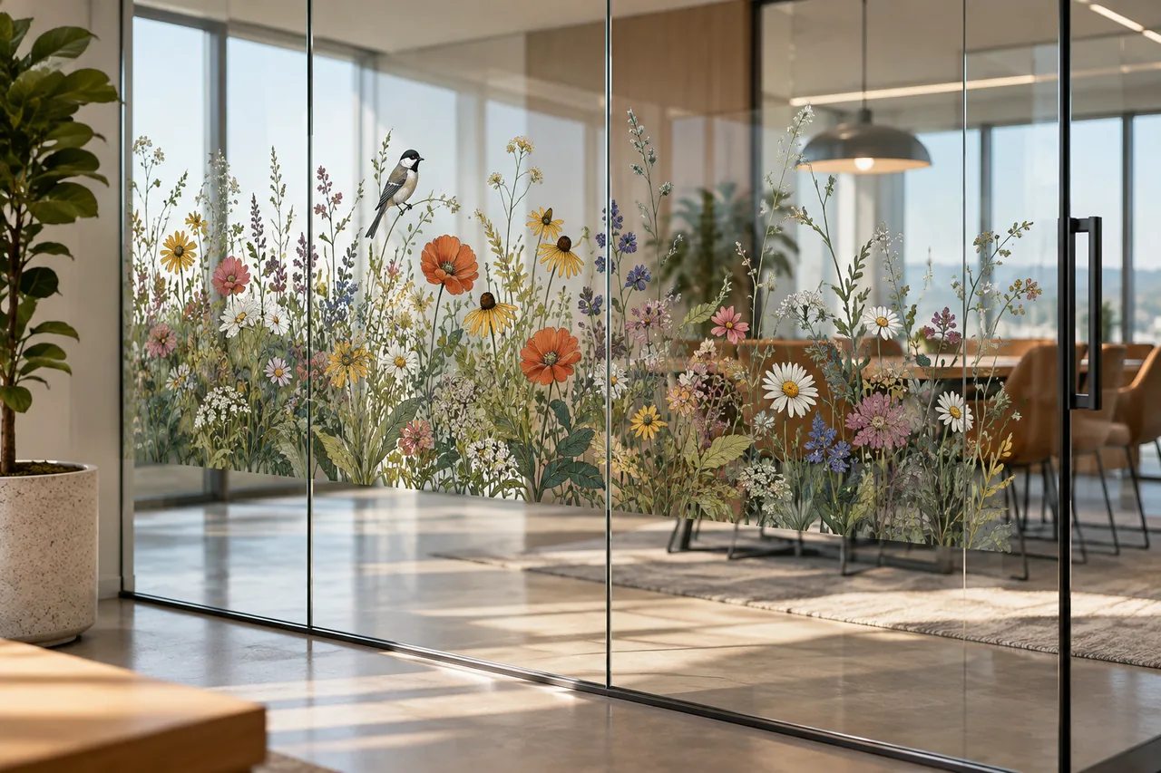 Concept of meadow and bird artwork printed on a clear glass partition