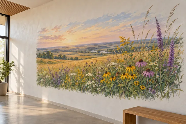 Concept of a prairie flower mural printed directly on a smooth painted plaster wall