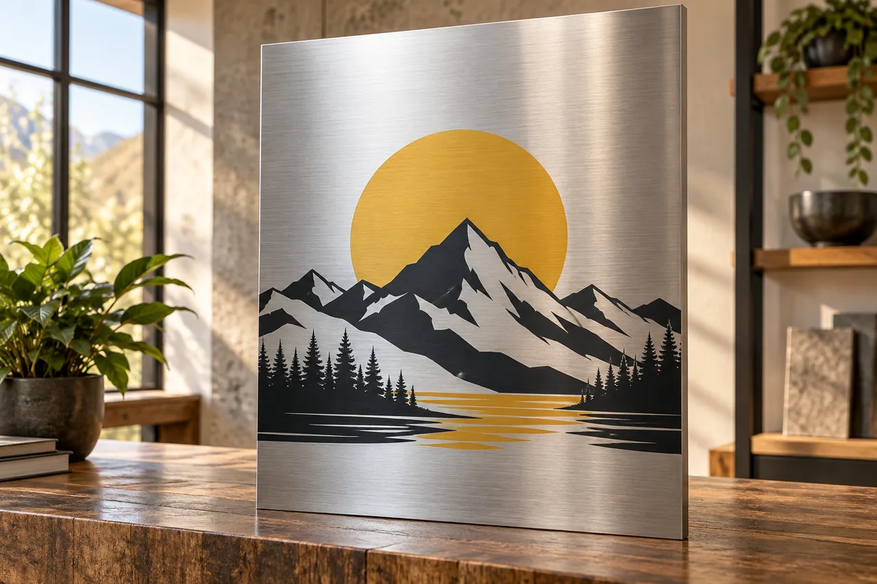 Concept of a flat mountain and sun graphic printed on brushed stainless steel