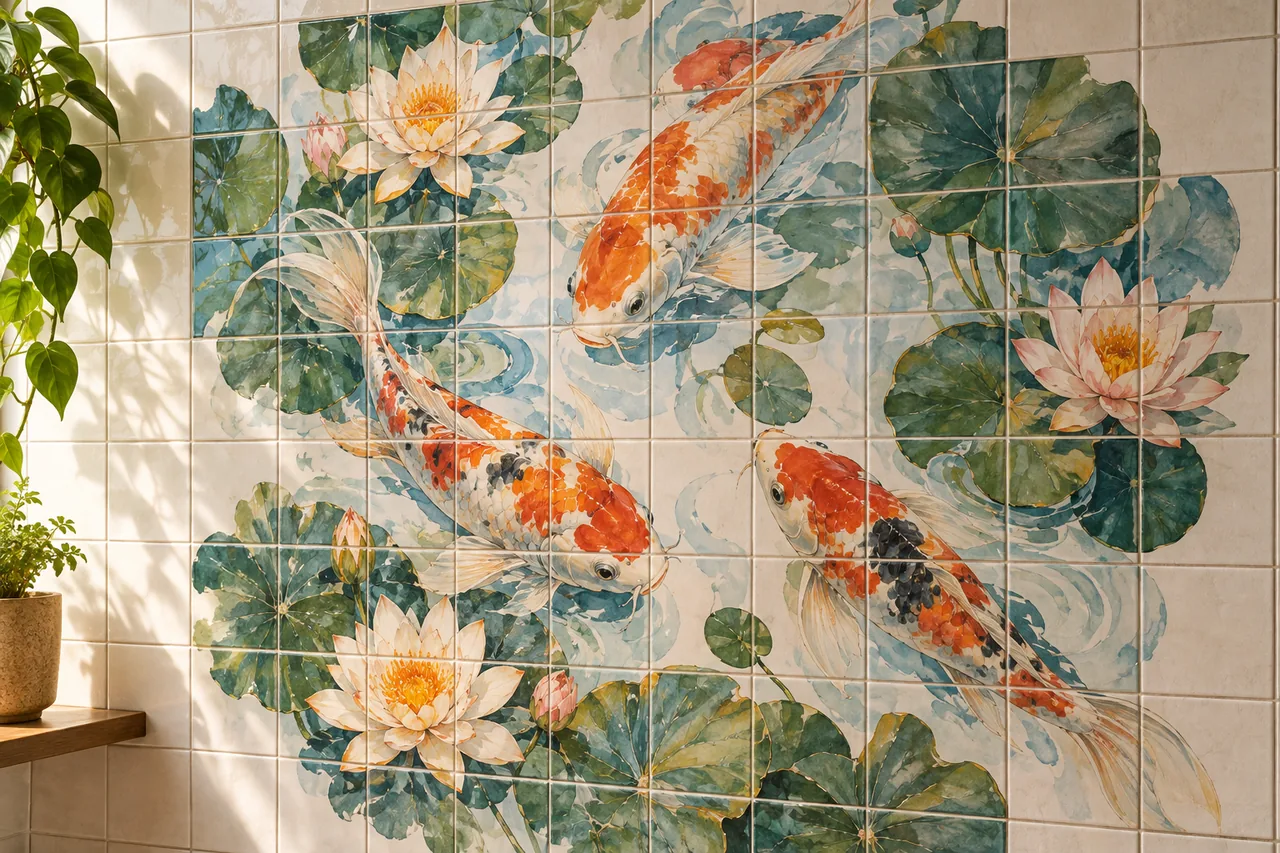 Concept of koi fish and water lilies printed across a vertical ceramic tile grid