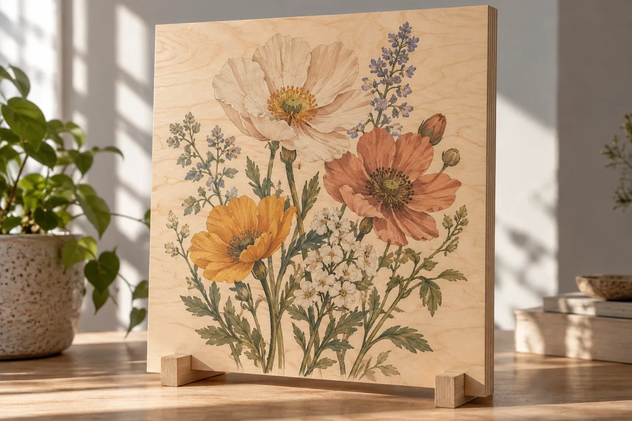 Concept of botanical artwork printed on a vertical birch plywood panel with visible grain